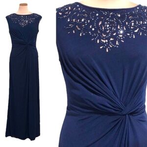 Elegant Navy Maxi Dress with Embellished Neckline